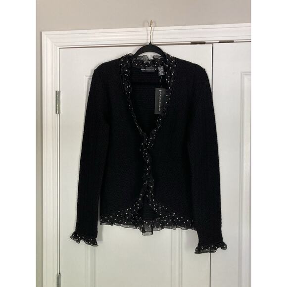 Dana Bachman Black Tan Polka Dot Ruffle Merino Wool Knit Jacket Cardigan Medium - Picture 1 of 8